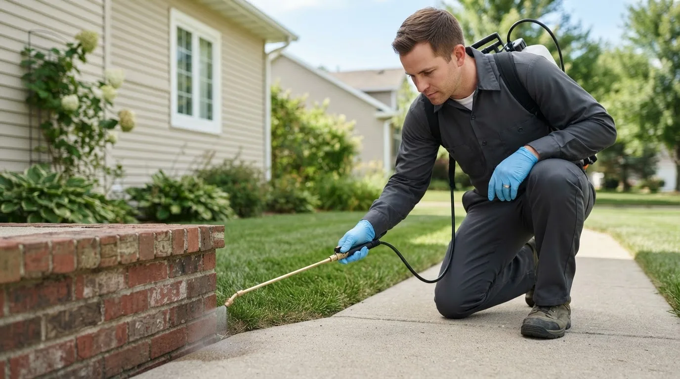 Pest control technician treating a home near Pleasantville, IA