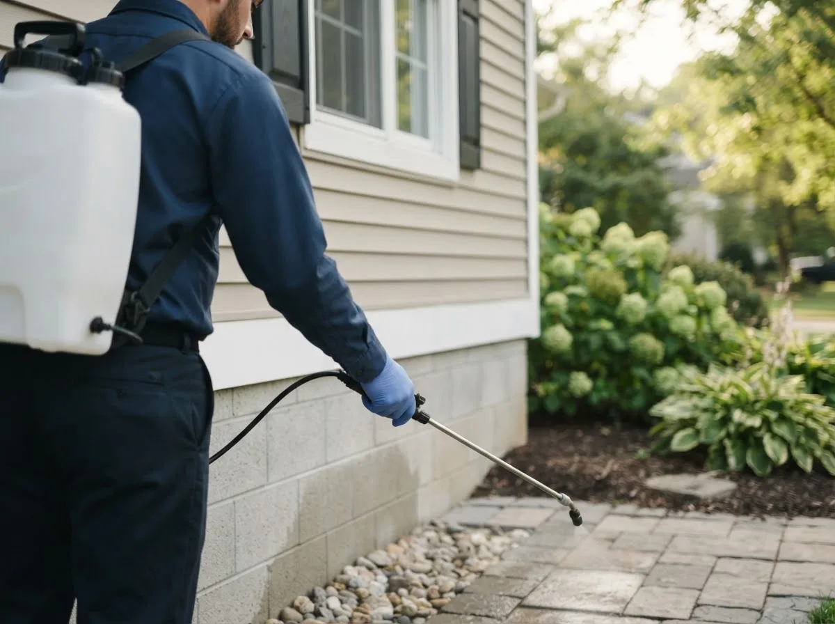 Pest control technician inspecting a home in Pleasantville, IA